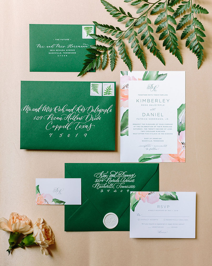 Garden Wedding Invitation Suite Flat Lay