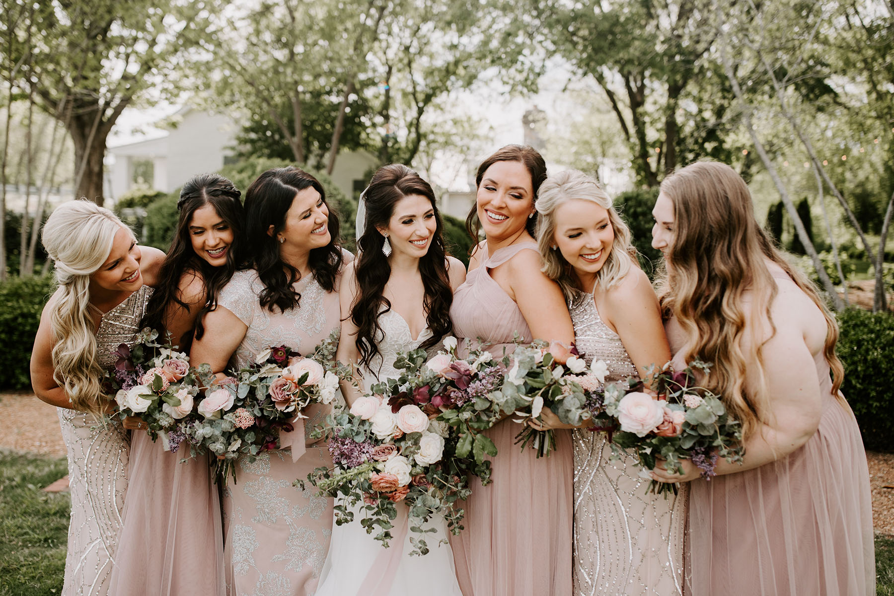 Kristen Smiling with Bridesmaids in Pale Pink