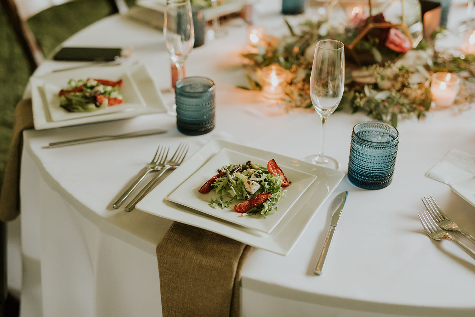 Plated Salads on Rustic Wedding Reception Table