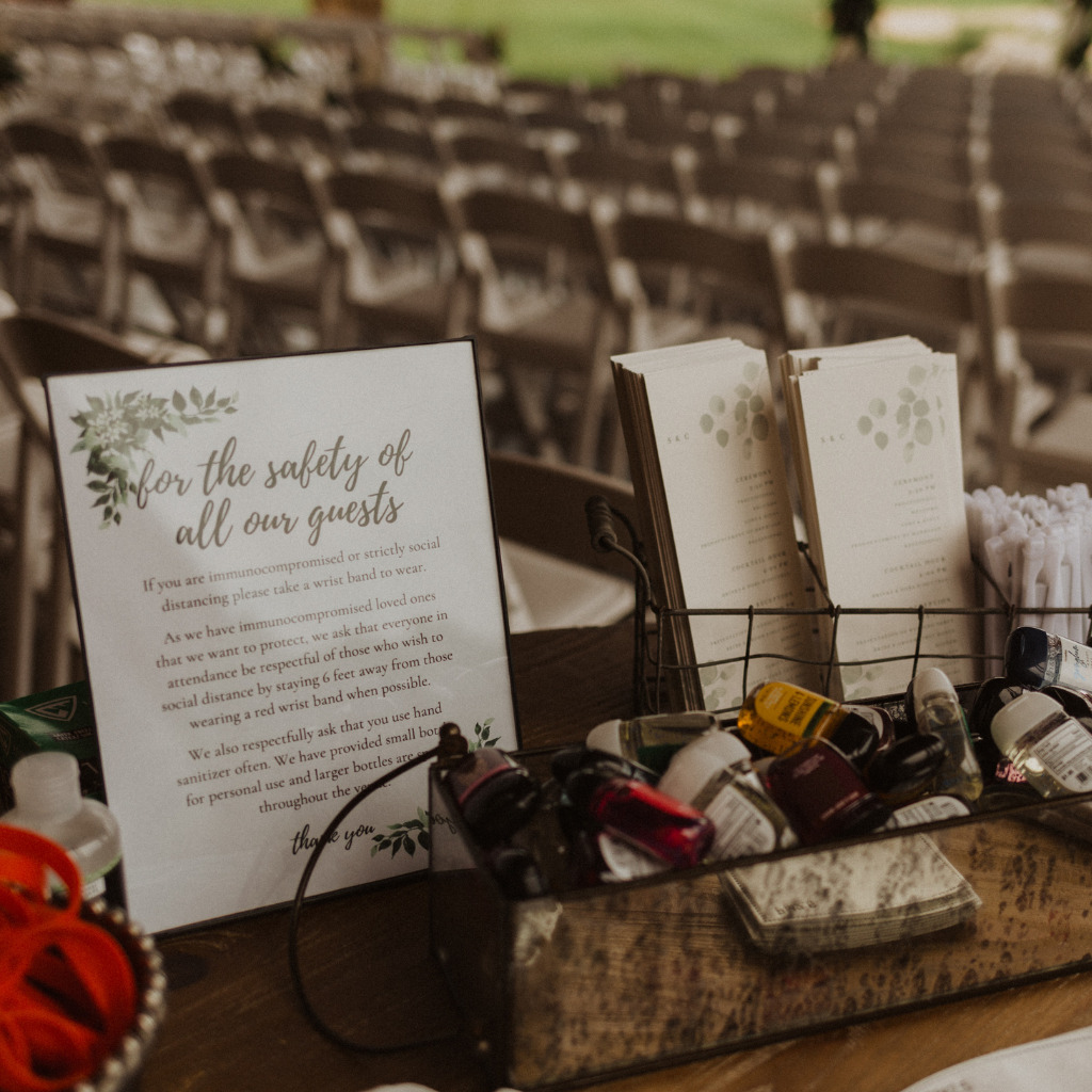 Wedding COVID Safety Sign With Hand Sanitizer And Wristbands