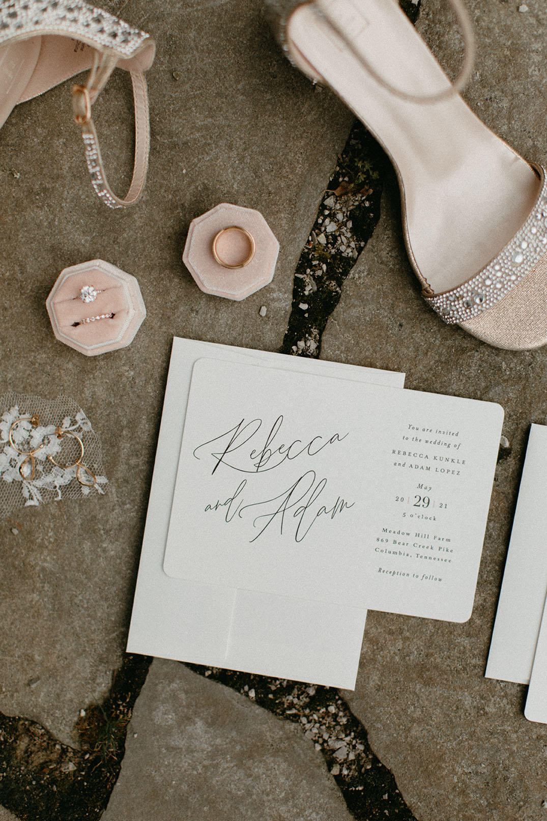 Flat Lay of Wedding Invitation Suite