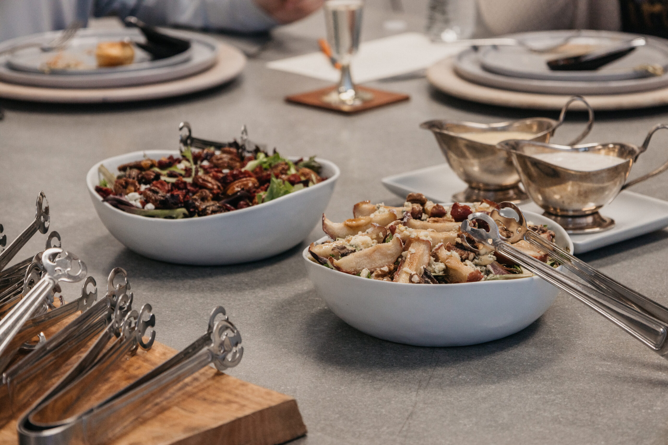 Salad bowls on a table at a tasting