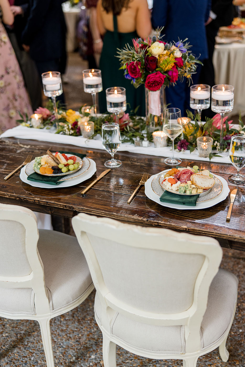 spring wedding reception decor and pre-set appetizers