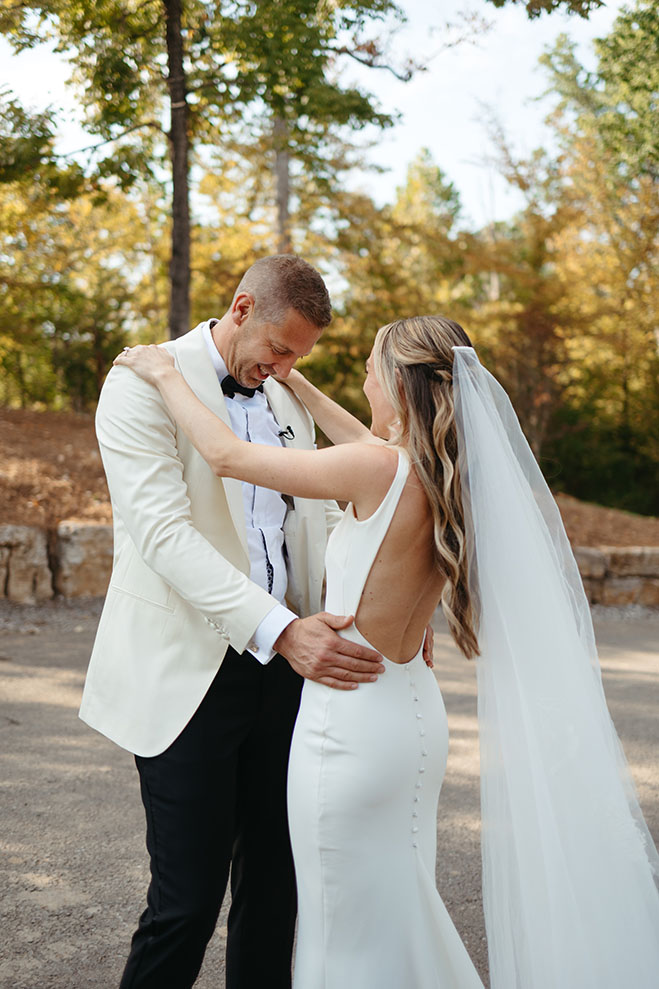 bride and groom first look photos